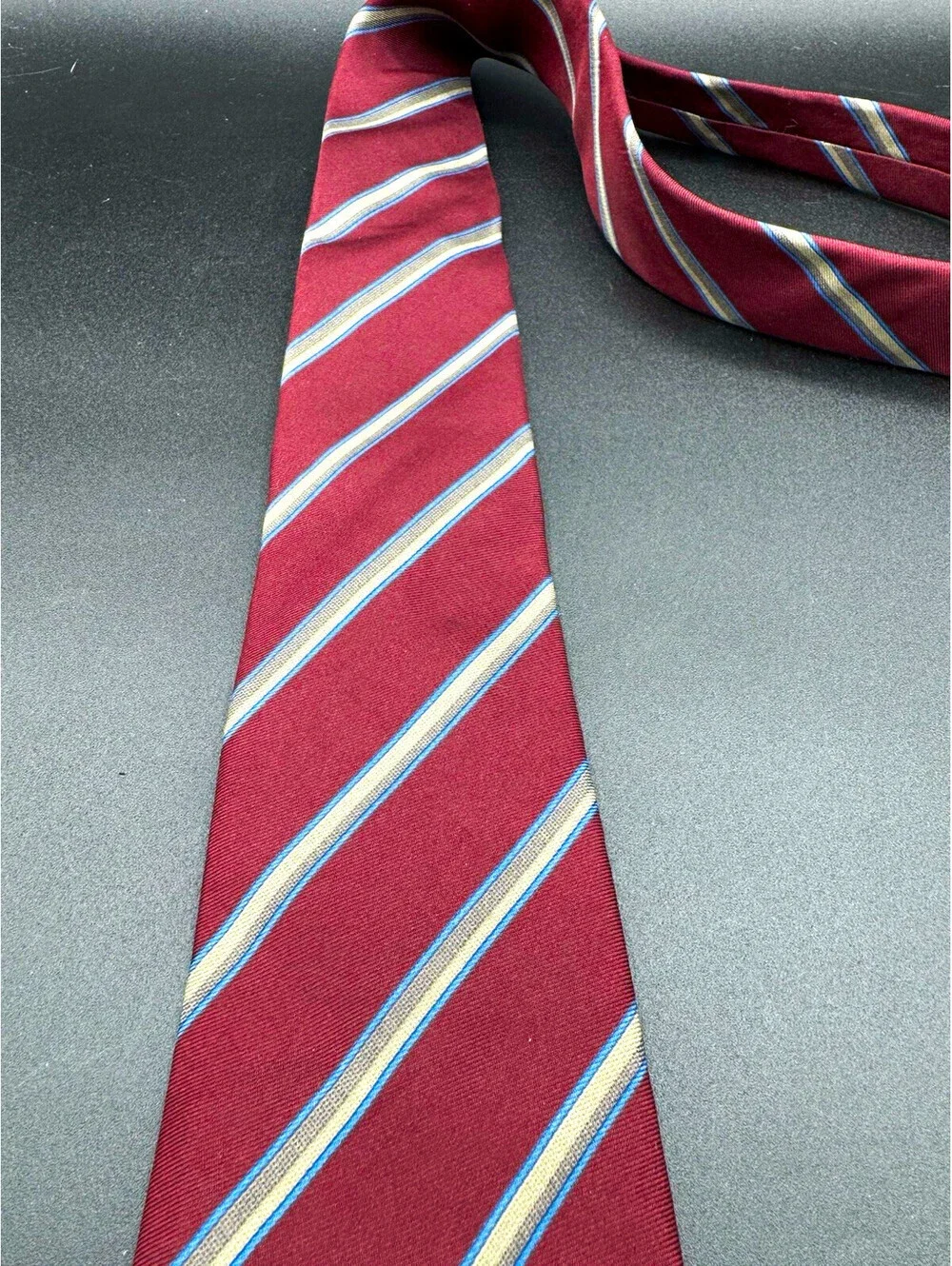 Vintage Calvin Klein Silk Tie Burgundy Blue Stripe Italy Fabric 57” x 3.25”